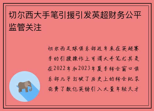 切尔西大手笔引援引发英超财务公平监管关注 切尔西大手笔引援引发英超财务公平监管关注